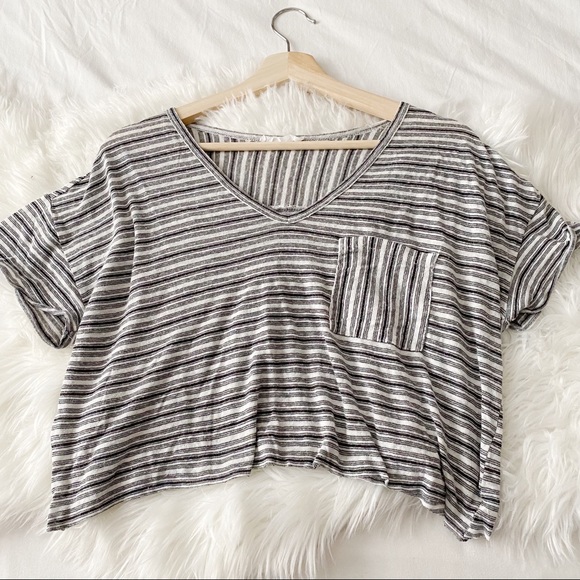 Lush • Cropped Black & White Stripe Pocket Tee - Picture 1 of 5